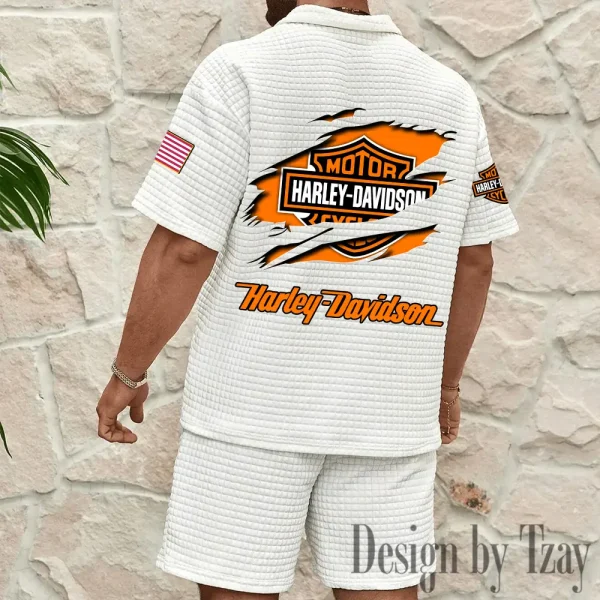 Harley Davidson Comfortable Summer Mens Casual Fashion Pure Color Plaid Shirt Shorts 2 Piece Set Short Sleeve MTTMSSTF009 - Image 6