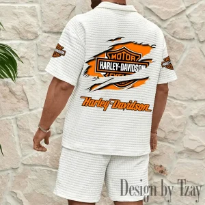 Harley Davidson Comfortable Summer Mens Casual Fashion Pure Color Plaid Shirt Shorts 2 Piece Set Short Sleeve MTTMSSTF010