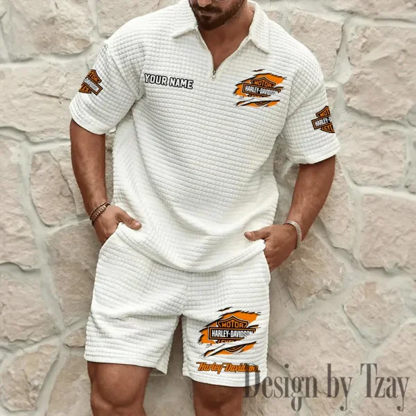 Harley Davidson Comfortable Summer Mens Casual Fashion Pure Color Plaid Shirt Shorts 2 Piece Set Short Sleeve MTTMSSTF010 - Image 2