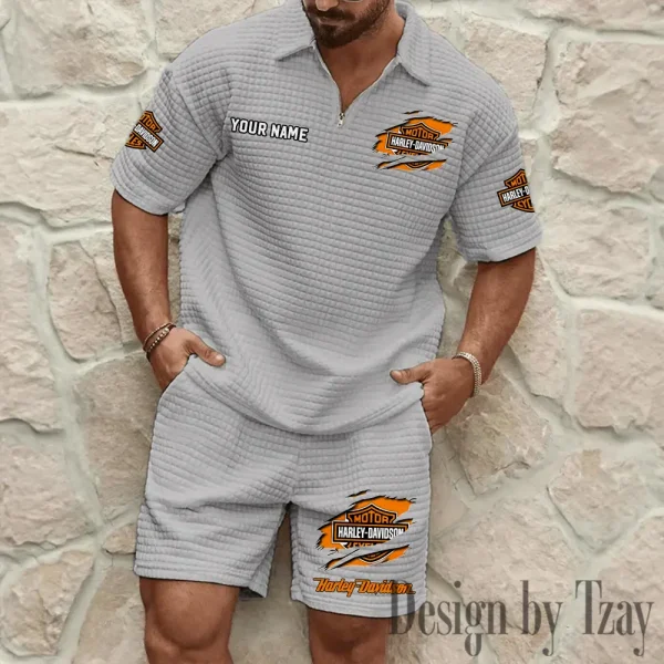 Harley Davidson Comfortable Summer Mens Casual Fashion Pure Color Plaid Shirt Shorts 2 Piece Set Short Sleeve MTTMSSTF010 - Image 3