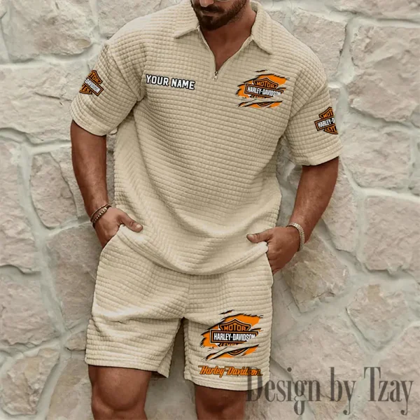 Harley Davidson Comfortable Summer Mens Casual Fashion Pure Color Plaid Shirt Shorts 2 Piece Set Short Sleeve MTTMSSTF010 - Image 4