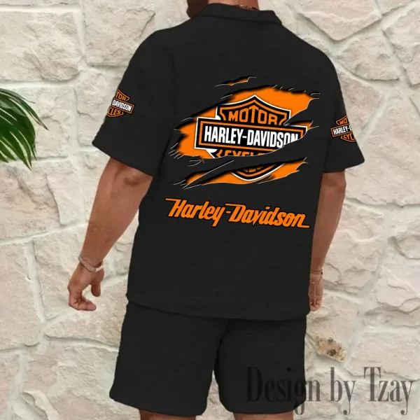 Harley Davidson Comfortable Summer Mens Casual Fashion Pure Color Plaid Shirt Shorts 2 Piece Set Short Sleeve MTTMSSTF010 - Image 6