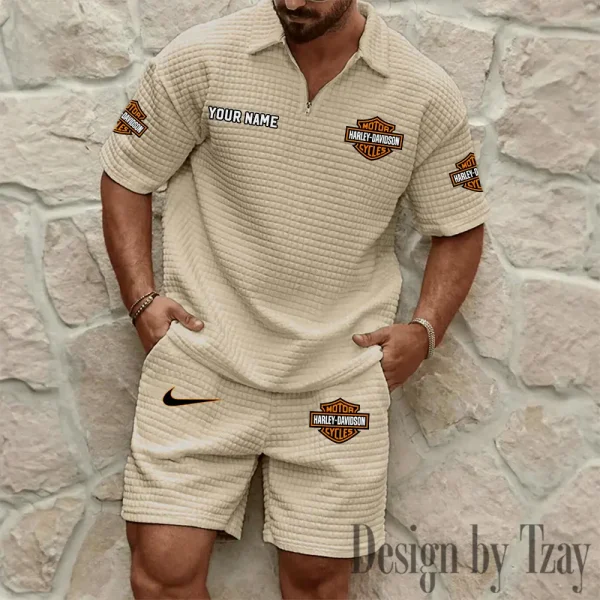 Harley Davidson Comfortable Summer Mens Casual Fashion Pure Color Plaid Shirt Shorts 2 Piece Set Short Sleeve MTTMSSTF011