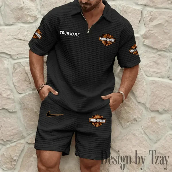 Harley Davidson Comfortable Summer Mens Casual Fashion Pure Color Plaid Shirt Shorts 2 Piece Set Short Sleeve MTTMSSTF011 - Image 2