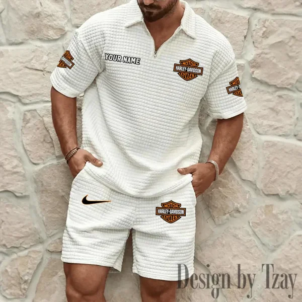 Harley Davidson Comfortable Summer Mens Casual Fashion Pure Color Plaid Shirt Shorts 2 Piece Set Short Sleeve MTTMSSTF011 - Image 3