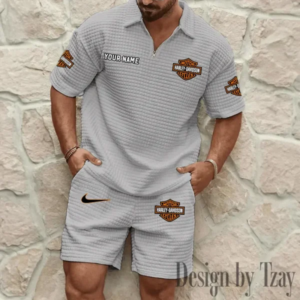Harley Davidson Comfortable Summer Mens Casual Fashion Pure Color Plaid Shirt Shorts 2 Piece Set Short Sleeve MTTMSSTF011 - Image 4