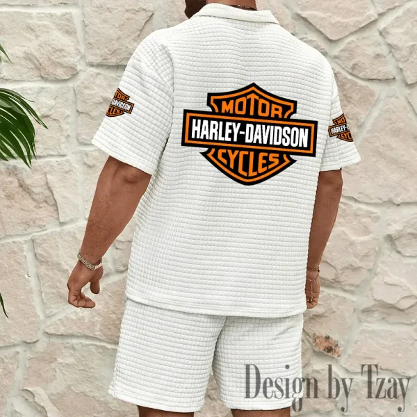 Harley Davidson Comfortable Summer Mens Casual Fashion Pure Color Plaid Shirt Shorts 2 Piece Set Short Sleeve MTTMSSTF011 - Image 5