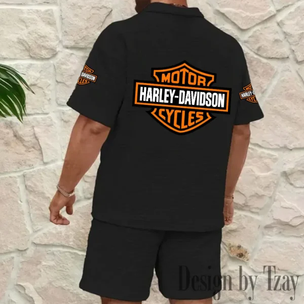 Harley Davidson Comfortable Summer Mens Casual Fashion Pure Color Plaid Shirt Shorts 2 Piece Set Short Sleeve MTTMSSTF011 - Image 6